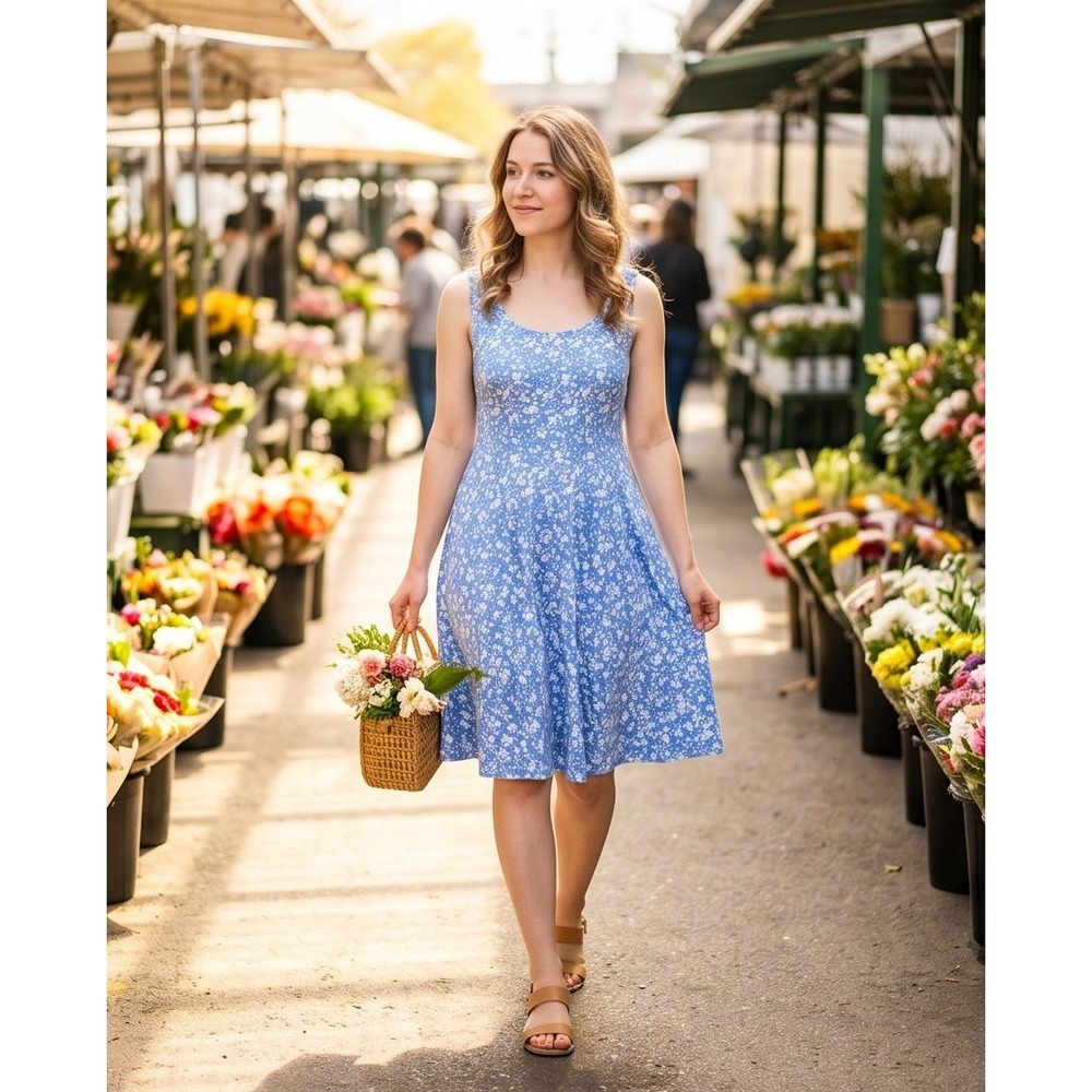 Fensace L Blue Floral Sleeveless Fit & Flare Mini Dress Womens Large NWOT